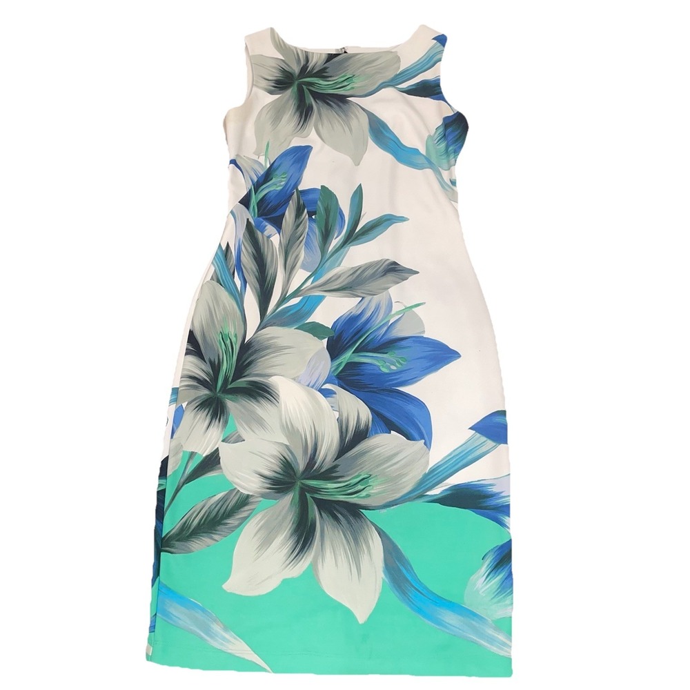 Gabby Skye Lily Floral Scuba Sheath Dress White Blue Teal Colorblock Size 8